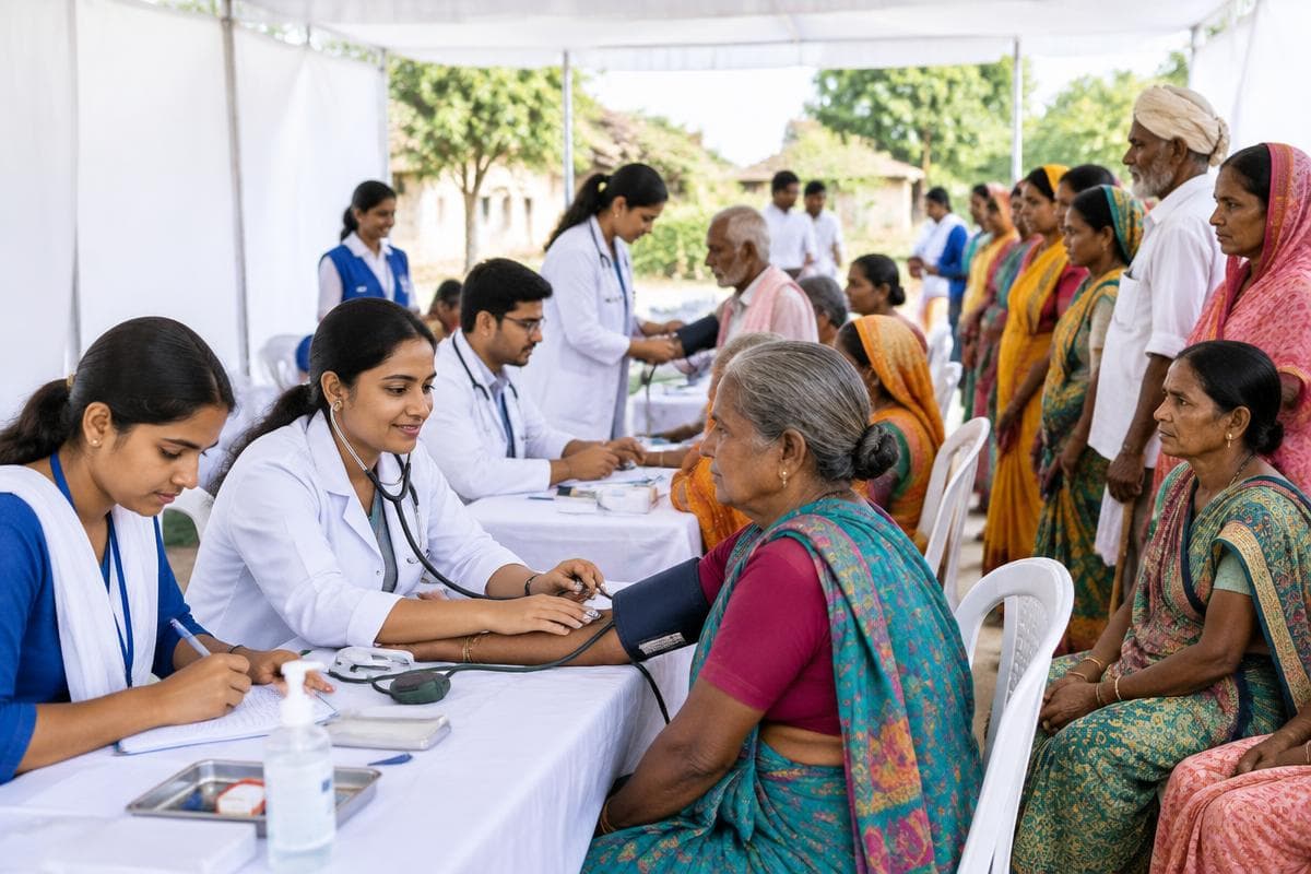 Doctors providing free medical checkups at a rural health camp